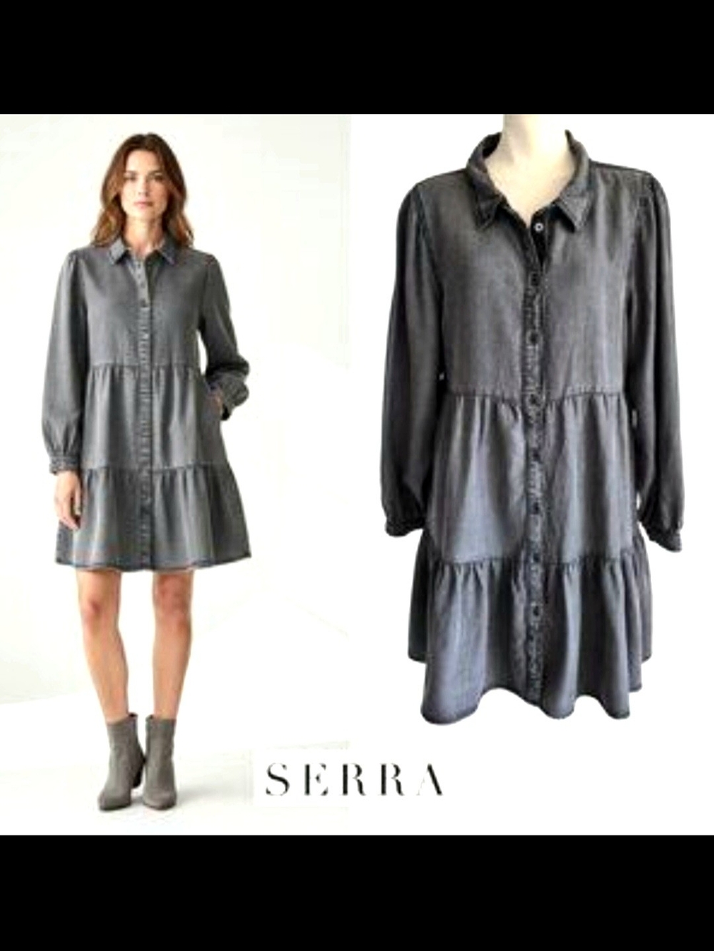 🔥🔥CLEARANCE🔥🔥 Serra Charcoal Washed Button-Front Mini Dress. Medium - Picture 3 of 8